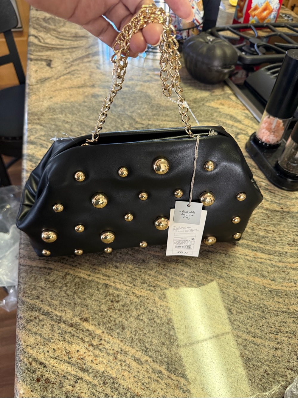 a new day Black Shoulder Bag with Gold Studs & Chain Handle - Pouch Style